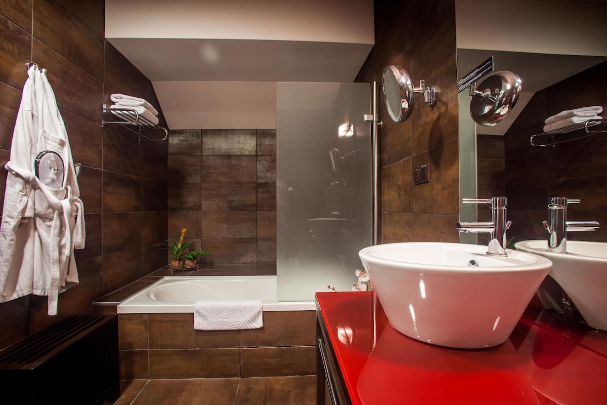 bathtub, free toiletries, hair dryer, bathrobes