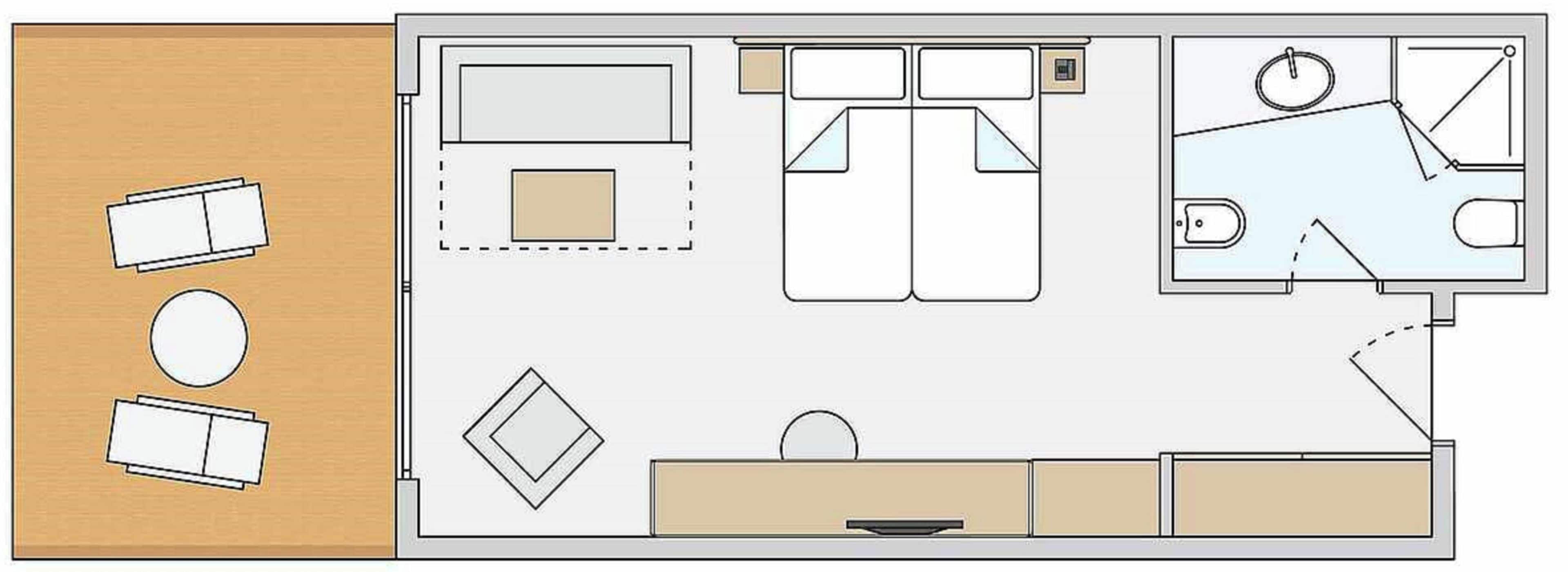Un plan d’étage comprenant une cuisine, un coin repas et deux chambres.