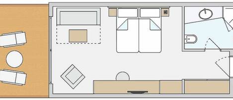 Un plan d’étage comprenant une cuisine, un coin repas et deux chambres.