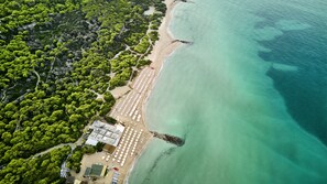An aerial view of a beach resort with rows of beach umbrellas and lounge chairs, a parking area, and a building with a green roof.