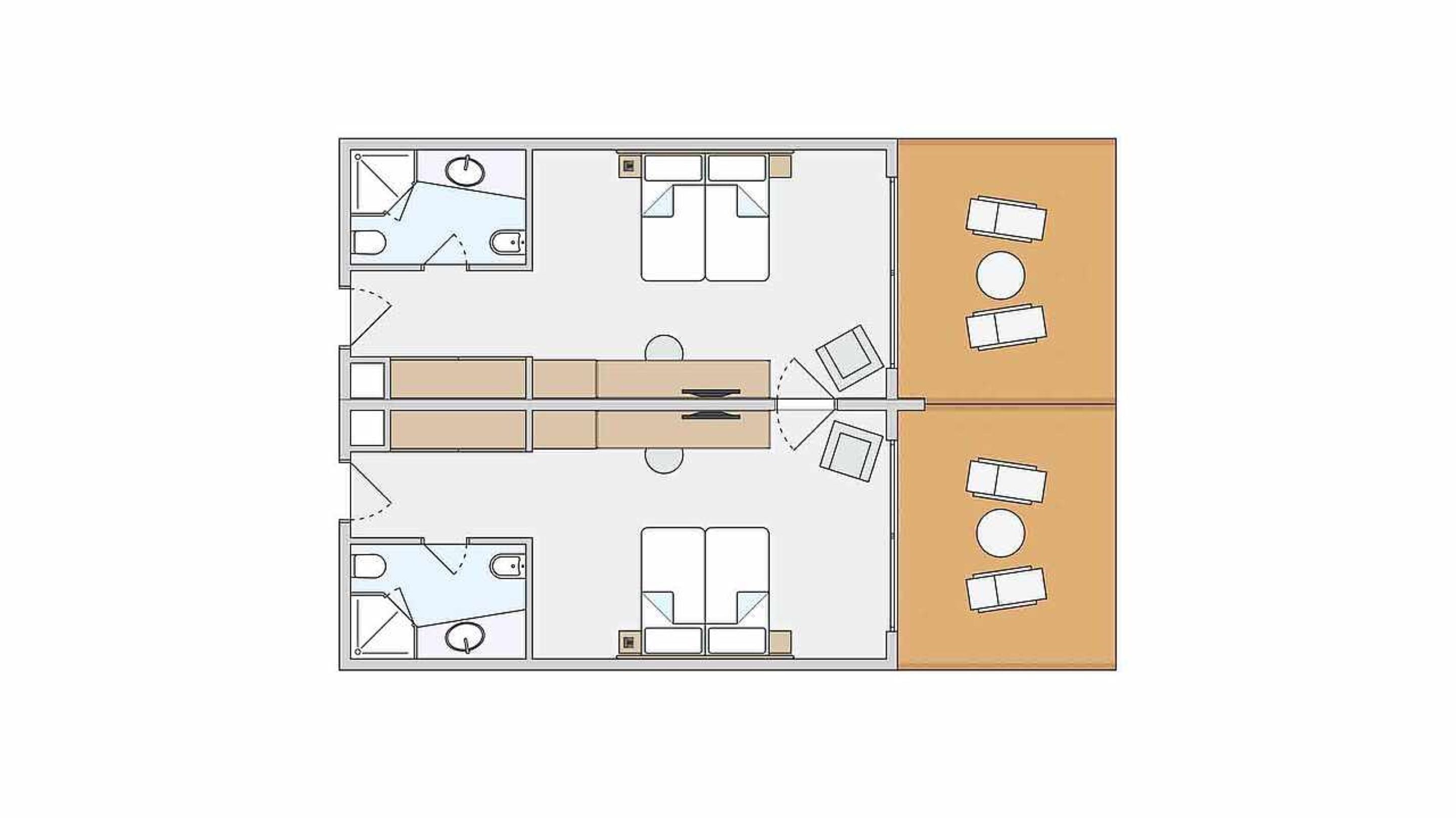 Grundriss eines Hotelzimmers mit Bett, Schreibtisch, Stuhl, einem kleinen Badezimmer und einer Küchenzeile.