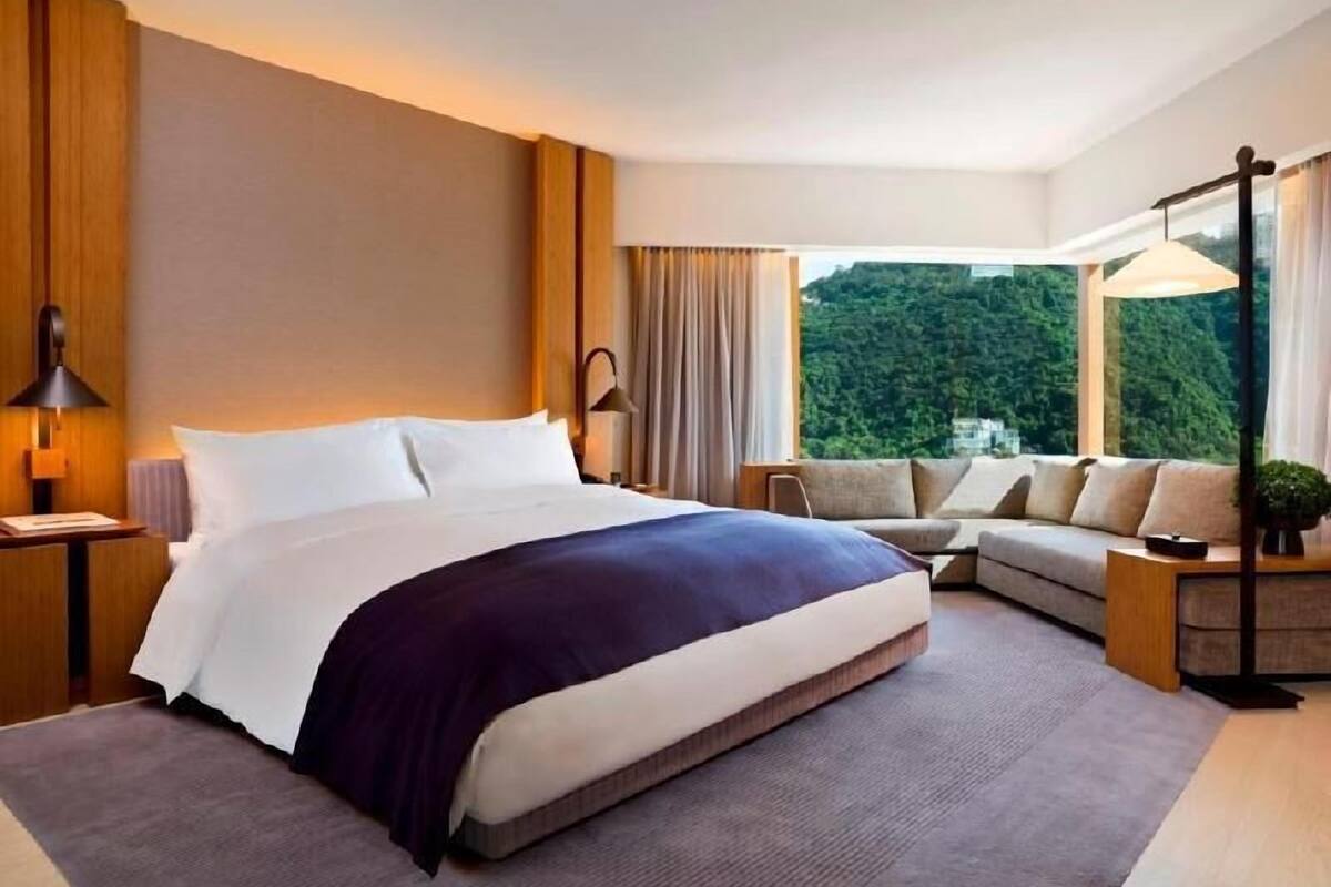 A modern hotel room with a large bed, a sofa, a nightstand, and a window with a view of greenery.