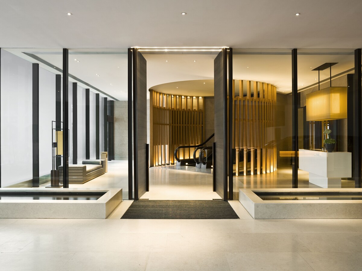 The sleek and contemporary property entrance at The Upper House Hong Kong hotel