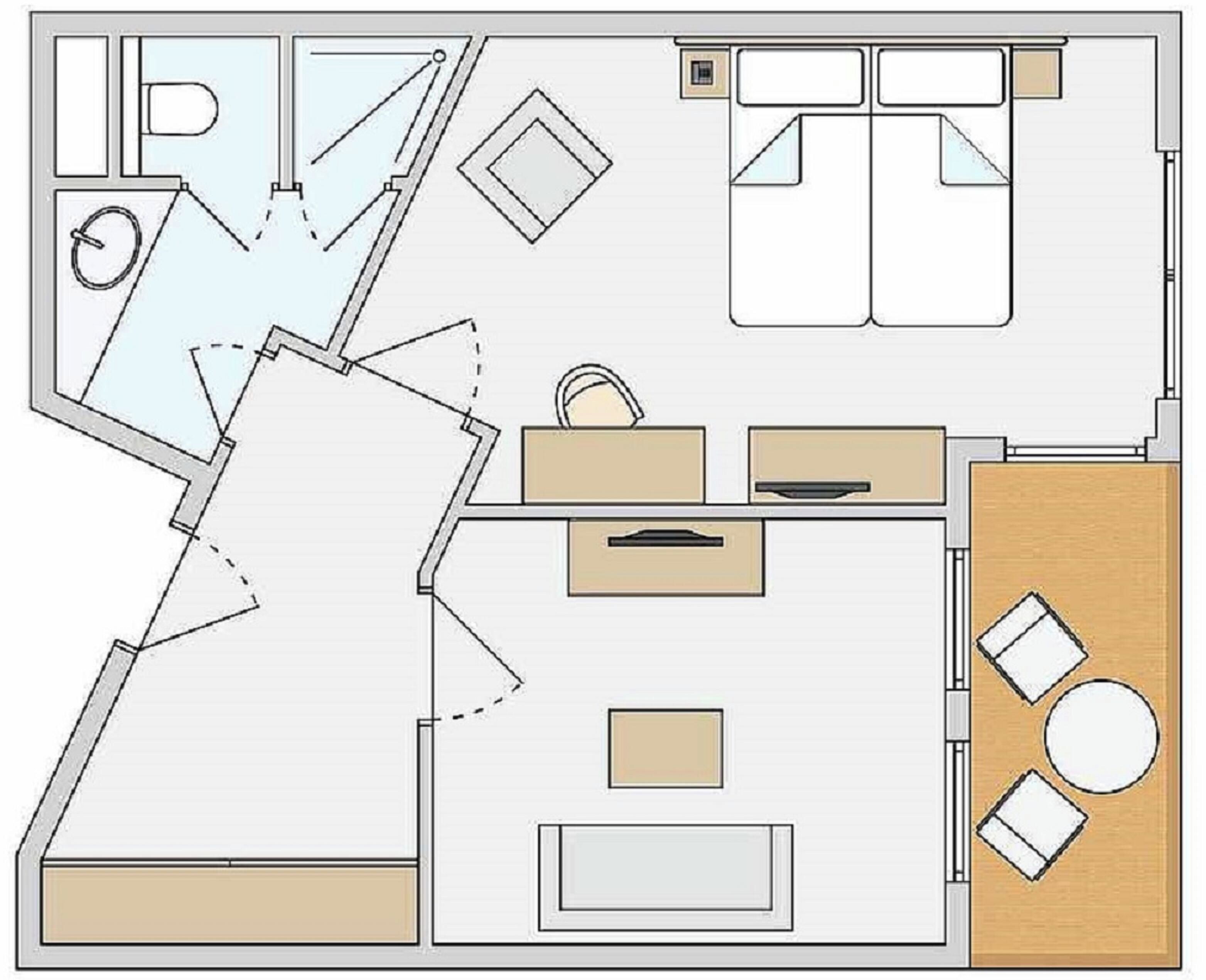 A floor plan with a kitchen, dining area, and two bedrooms.
