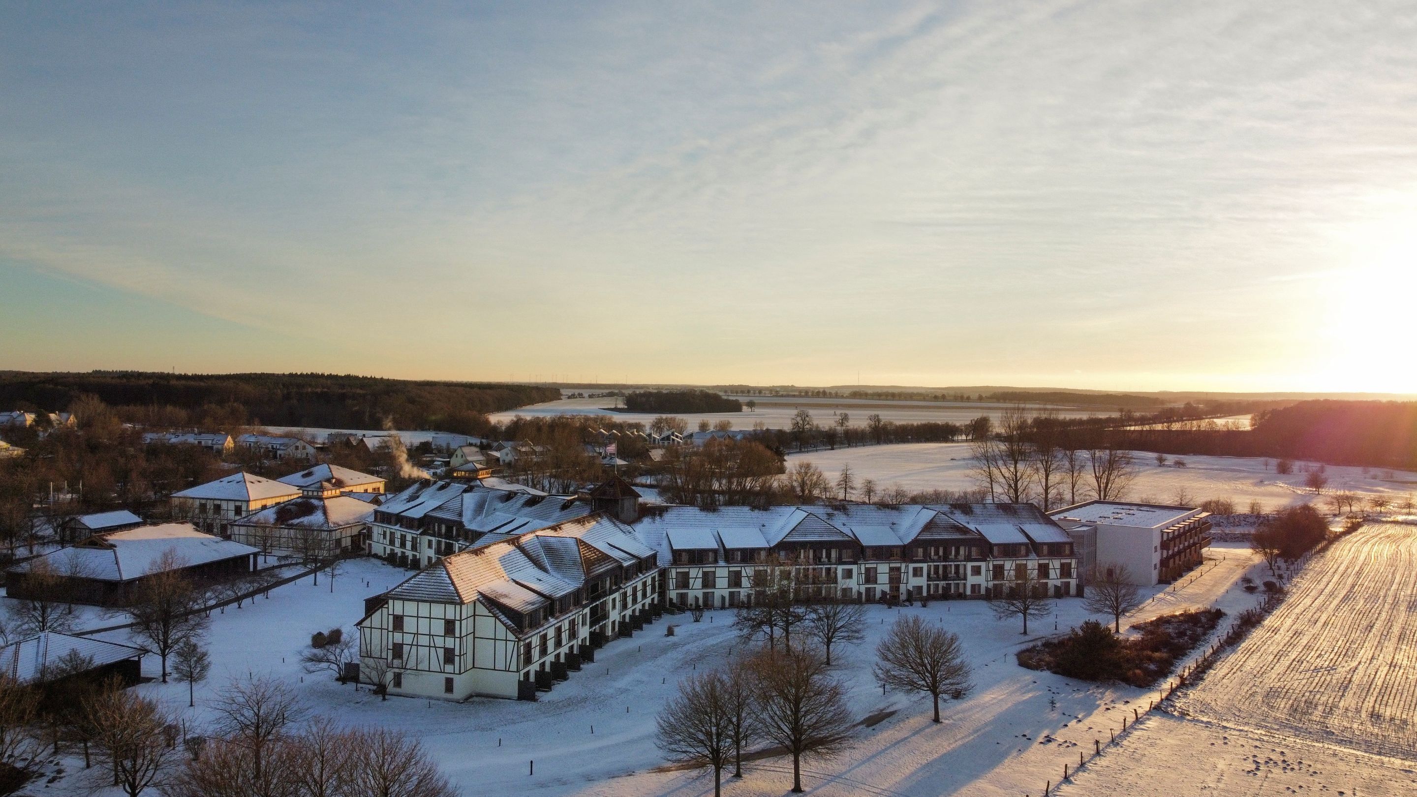 A snow-covered village with traditional buildings and a large estate.
