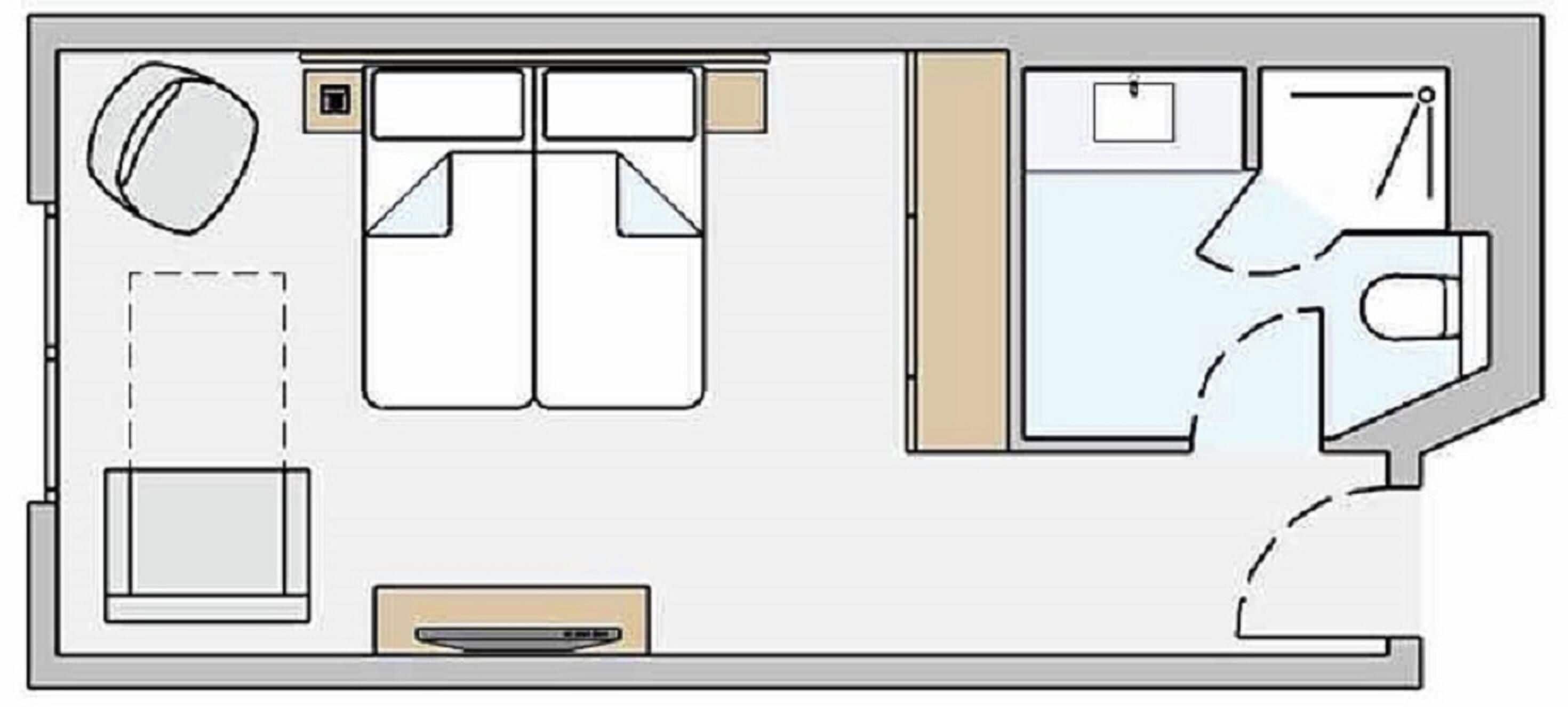 A hotel room layout with a bed, a desk, a chair, a wardrobe, and a bathroom.