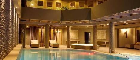Indoor pool, outdoor pool, open 8 AM to 8 PM, pool loungers