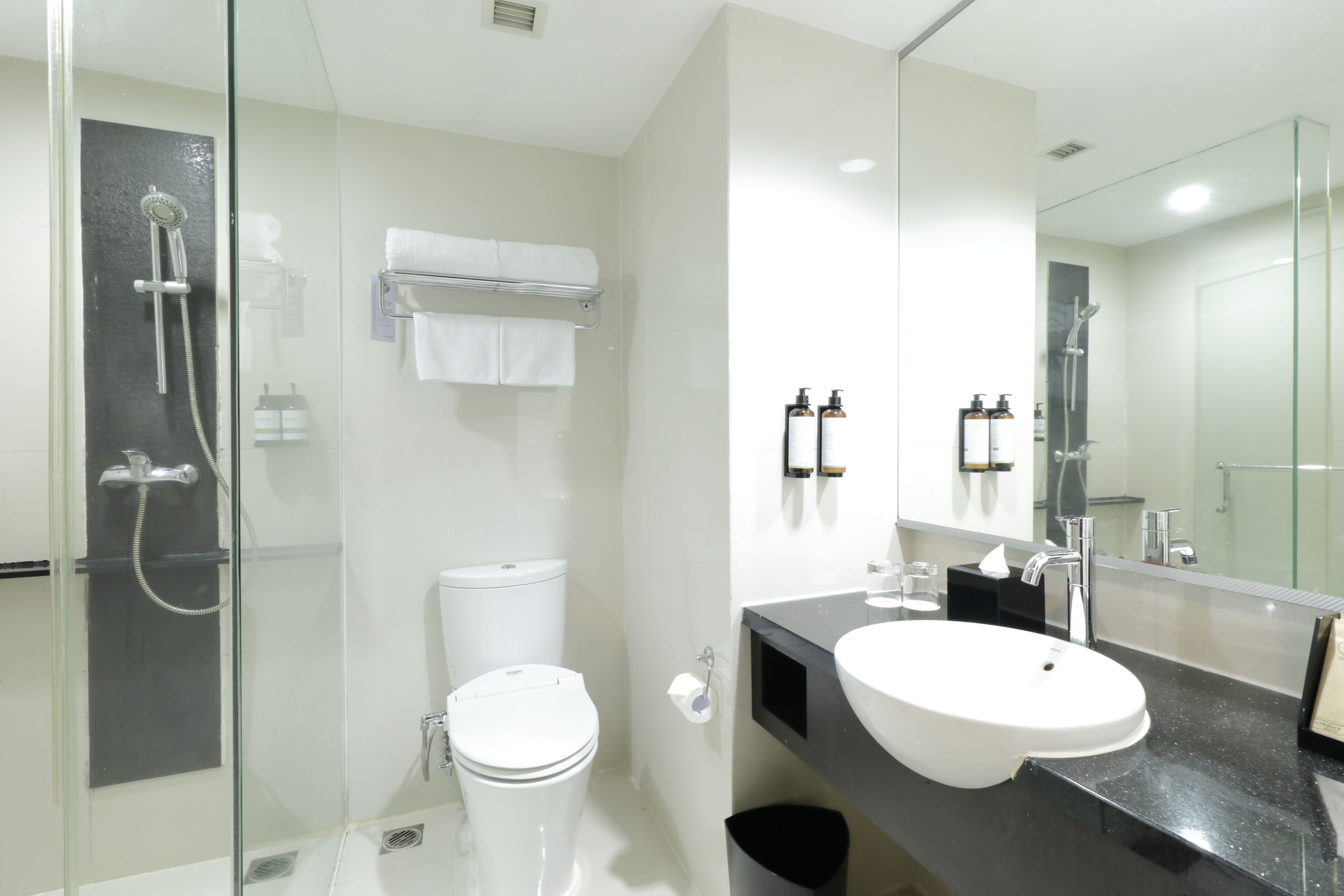 Ducha, artículos de tocador ecológicos, secador de pelo, pantuflas