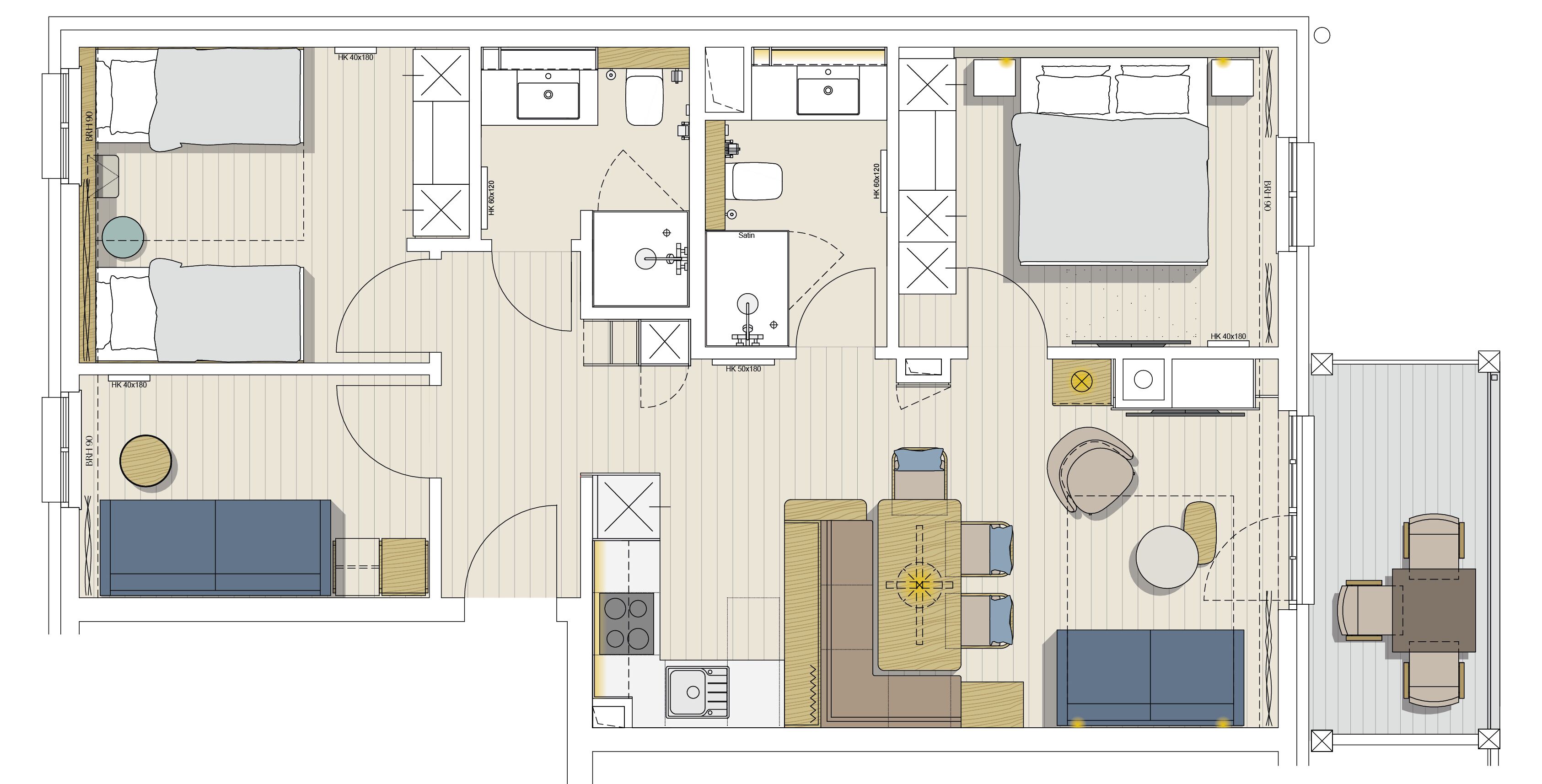 A hotel room layout with a bed, two seating areas, a dining table, a kitchen area, and a bathroom.
