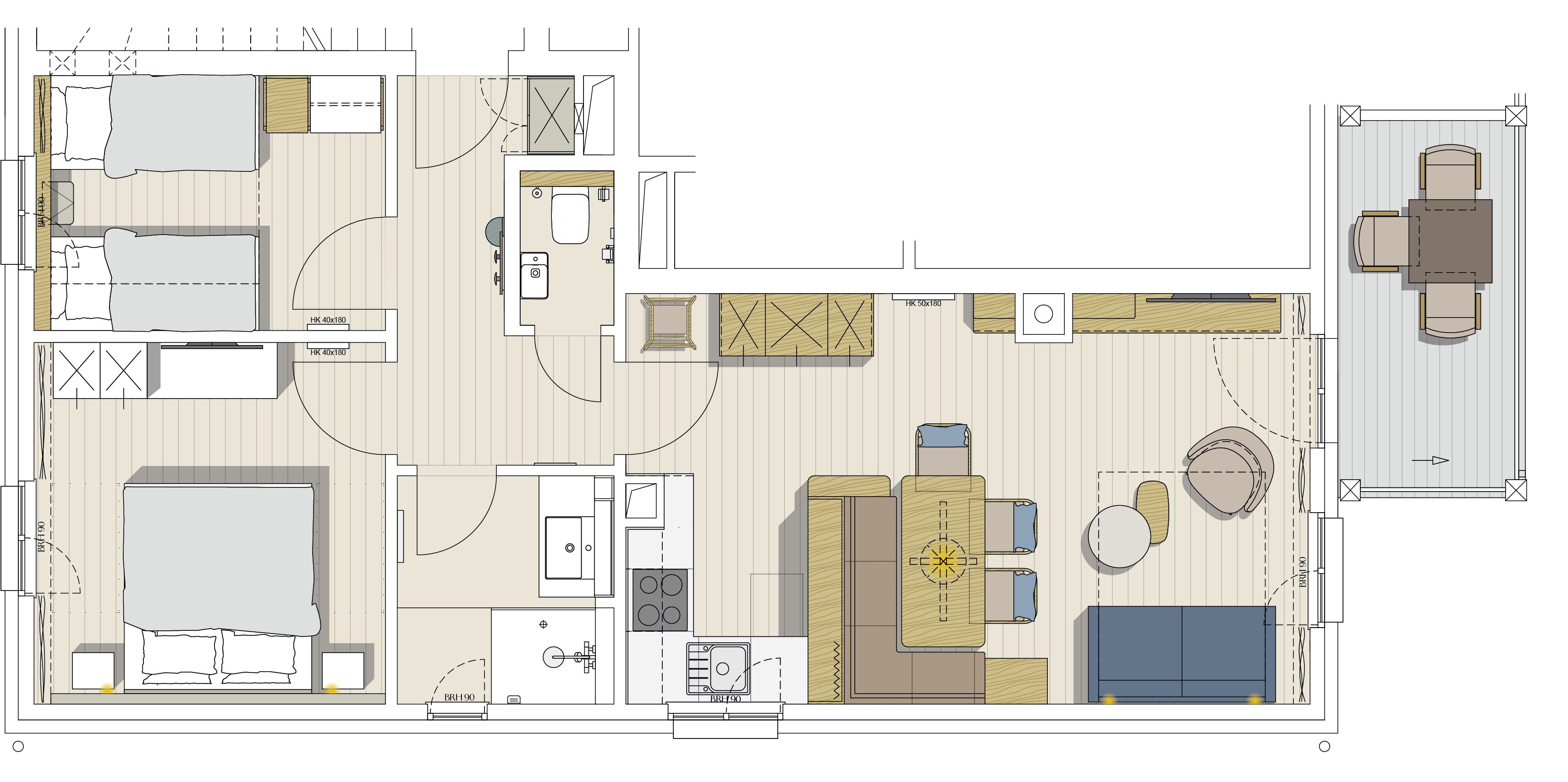 A hotel floor plan with multiple bedrooms, a kitchen, a dining area, and a living room.