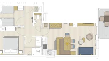 A hotel floor plan with multiple bedrooms, a kitchen, a dining area, and a living room.