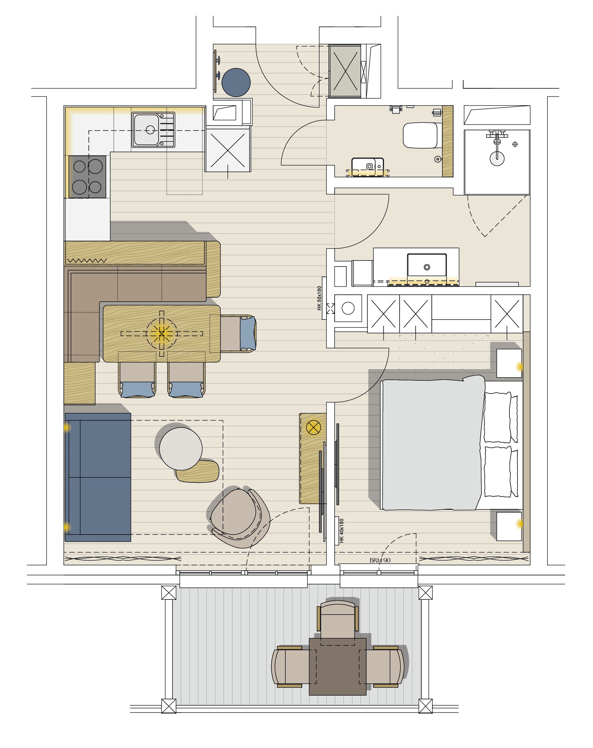 Plano de un cuarto de hotel con kitchenette, zona de comedor, baño y balcón.