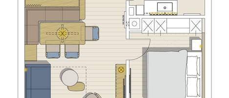 A floor plan of a hotel room with a kitchenette, a dining area, a bathroom, and a balcony.