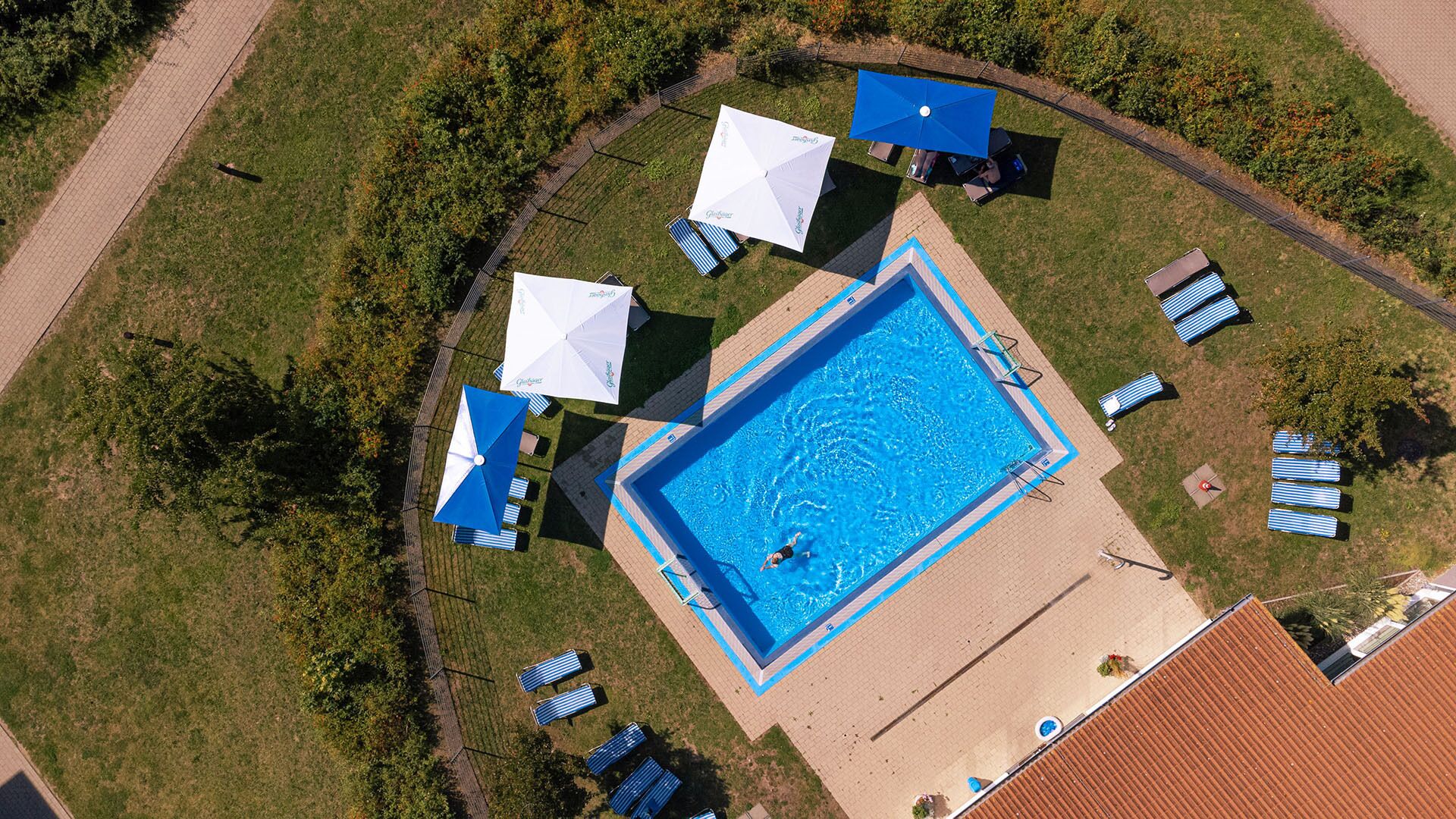 Vista aérea de una zona de piscina con una alberca rectangular, rodeada de sillas de descanso y sombrillas, y un sendero pavimentado.