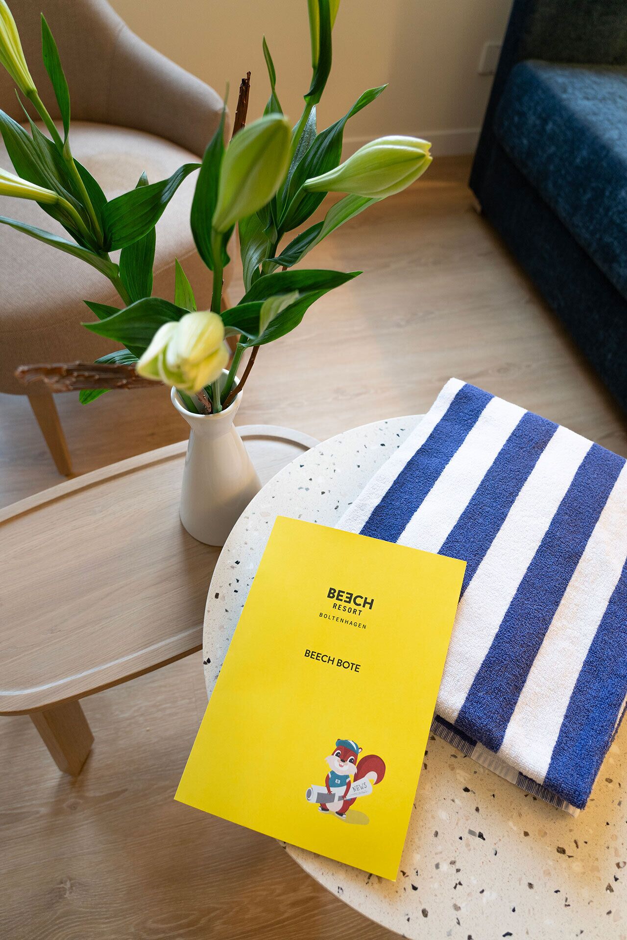 Un folleto amarillo de BEECH RESORT en Boltenhagen, una toalla azul y blanca a rayas y una planta en un jarrón blanco sobre una mesa de madera.