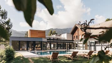 Indoor pool, outdoor pool, pool umbrellas, sun loungers