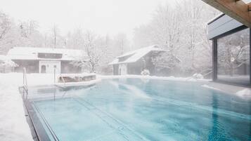 Indoor pool, outdoor pool, pool umbrellas, sun loungers