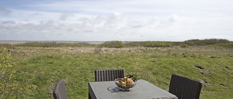 An outdoor dining area with wicker chairs and a table, a bowl of fruit on the table, and a view of the landscape.
