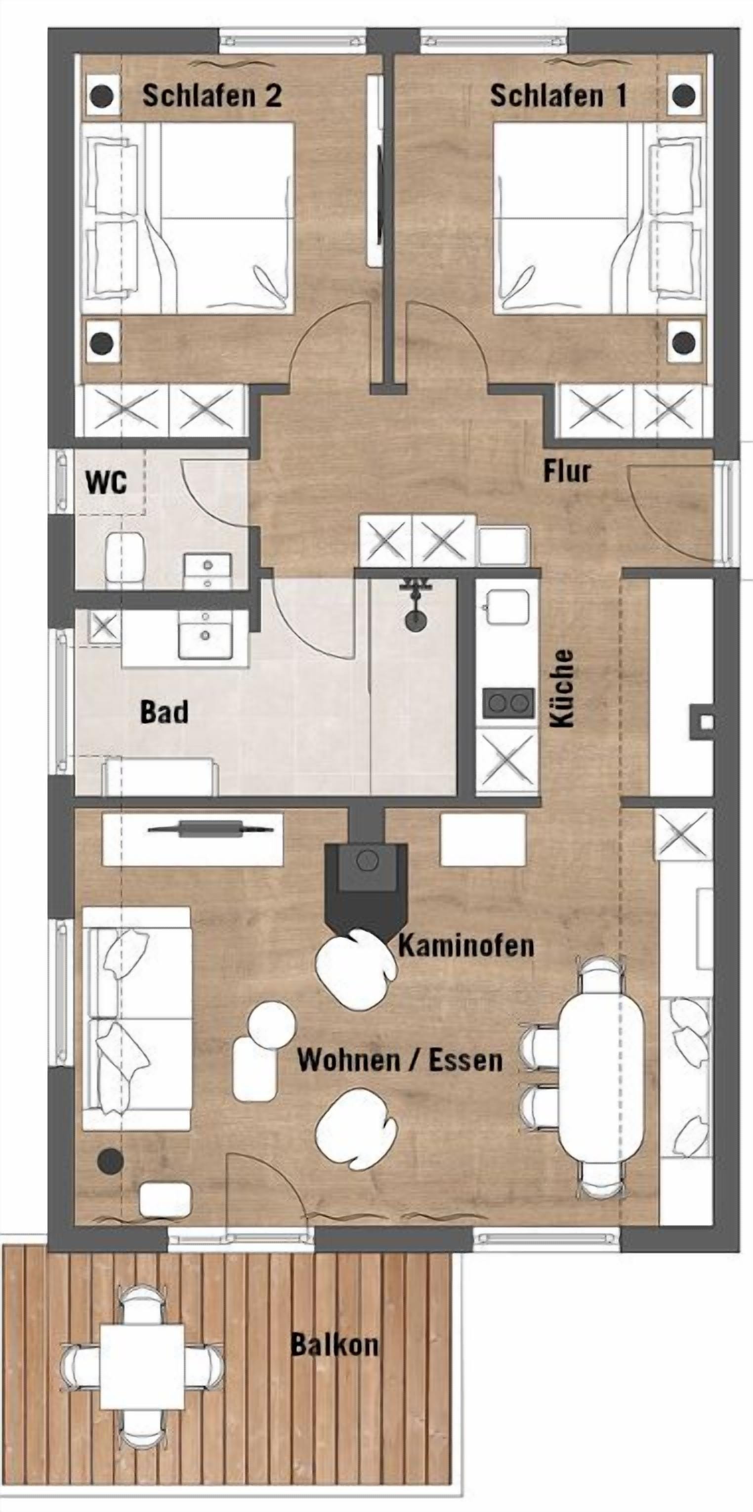 A floor plan of a hotel with two bedrooms, a bathroom, a kitchen, a dining area, a living room, and a balcony.