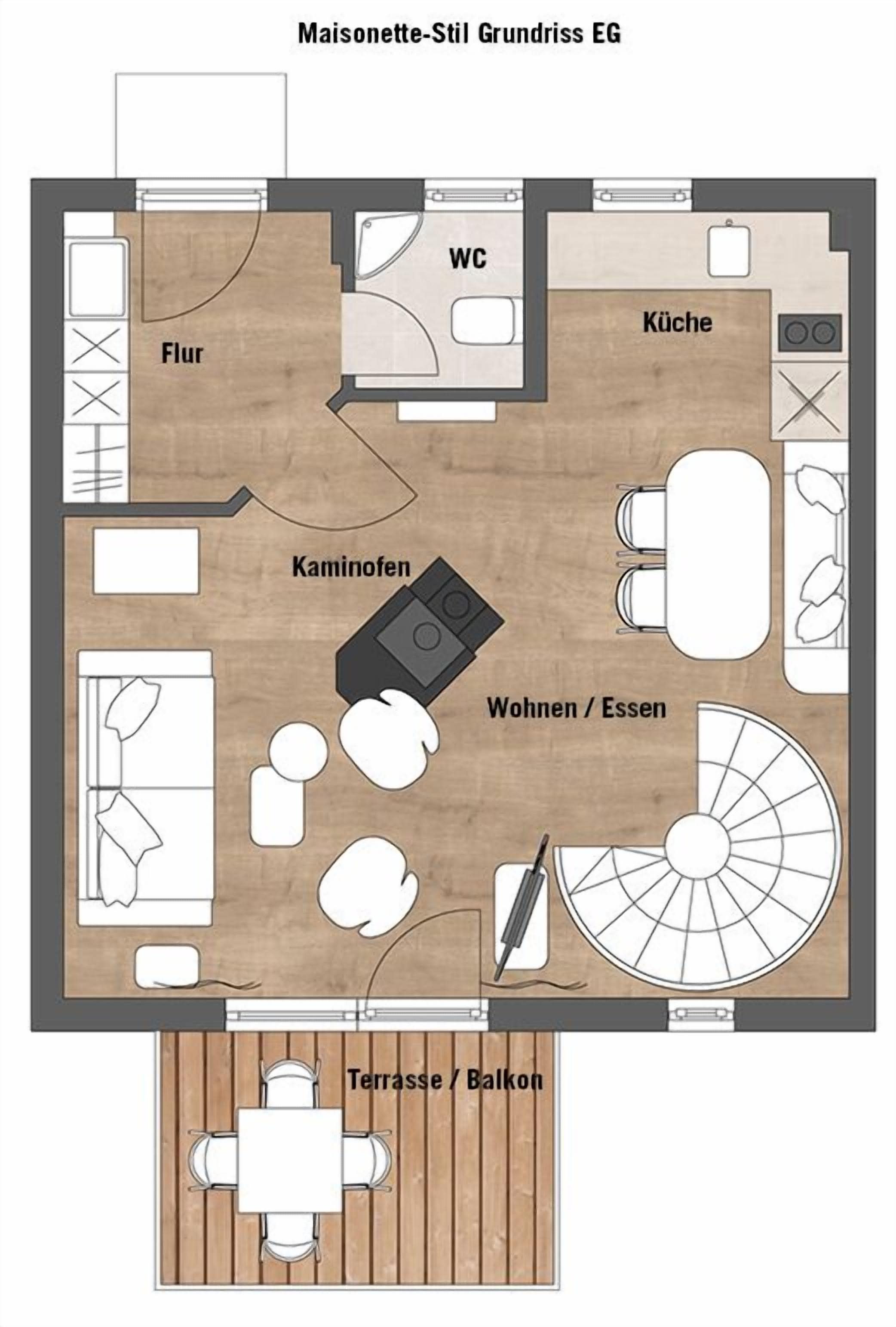 En maisonette-lignende planløsning med køkken, toilet, opholds-/spisestue og balkon.