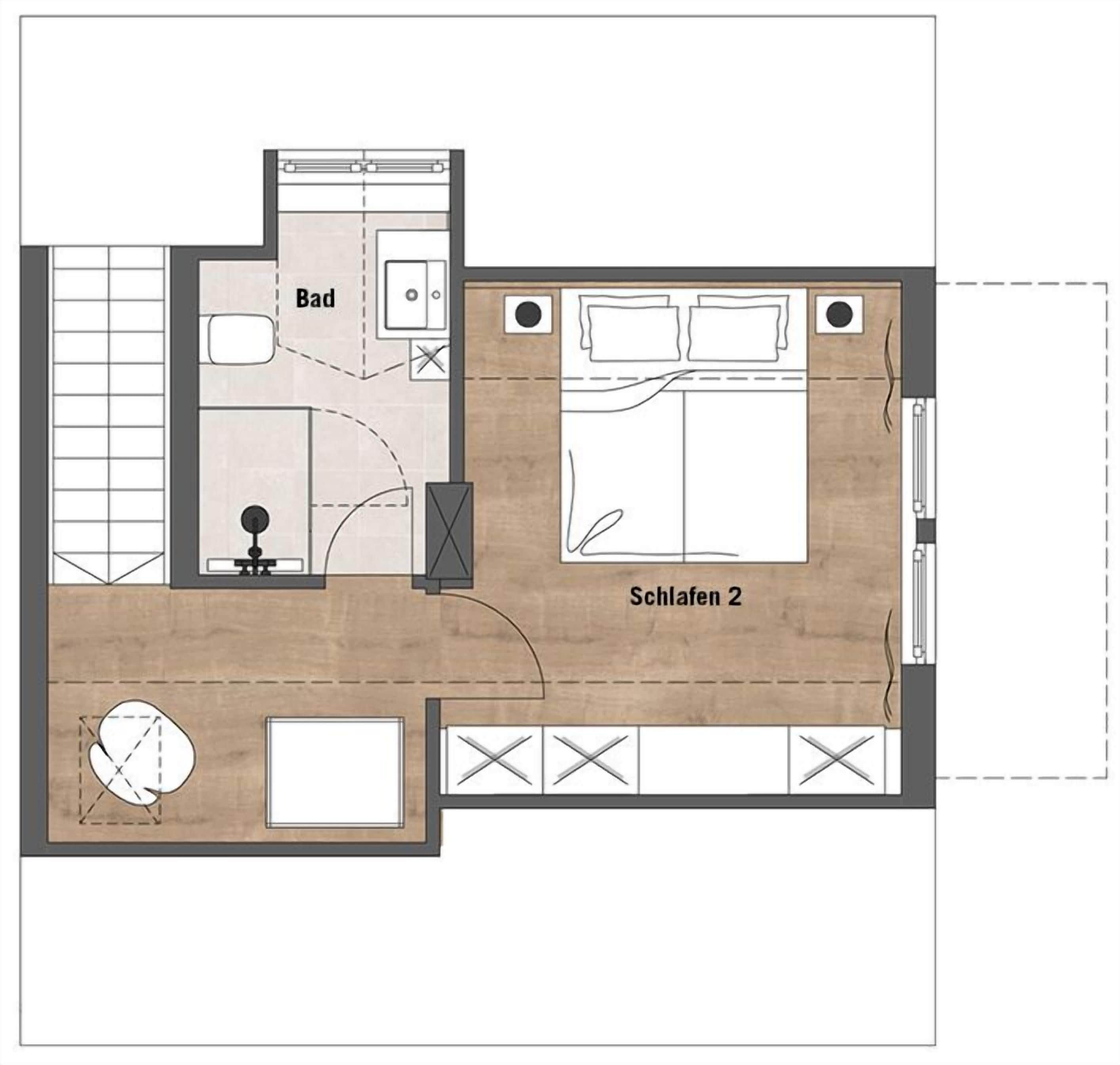 A floor plan of a hotel room with a bathroom, a small seating area, and a bed labeled 'Schlafen 2'.