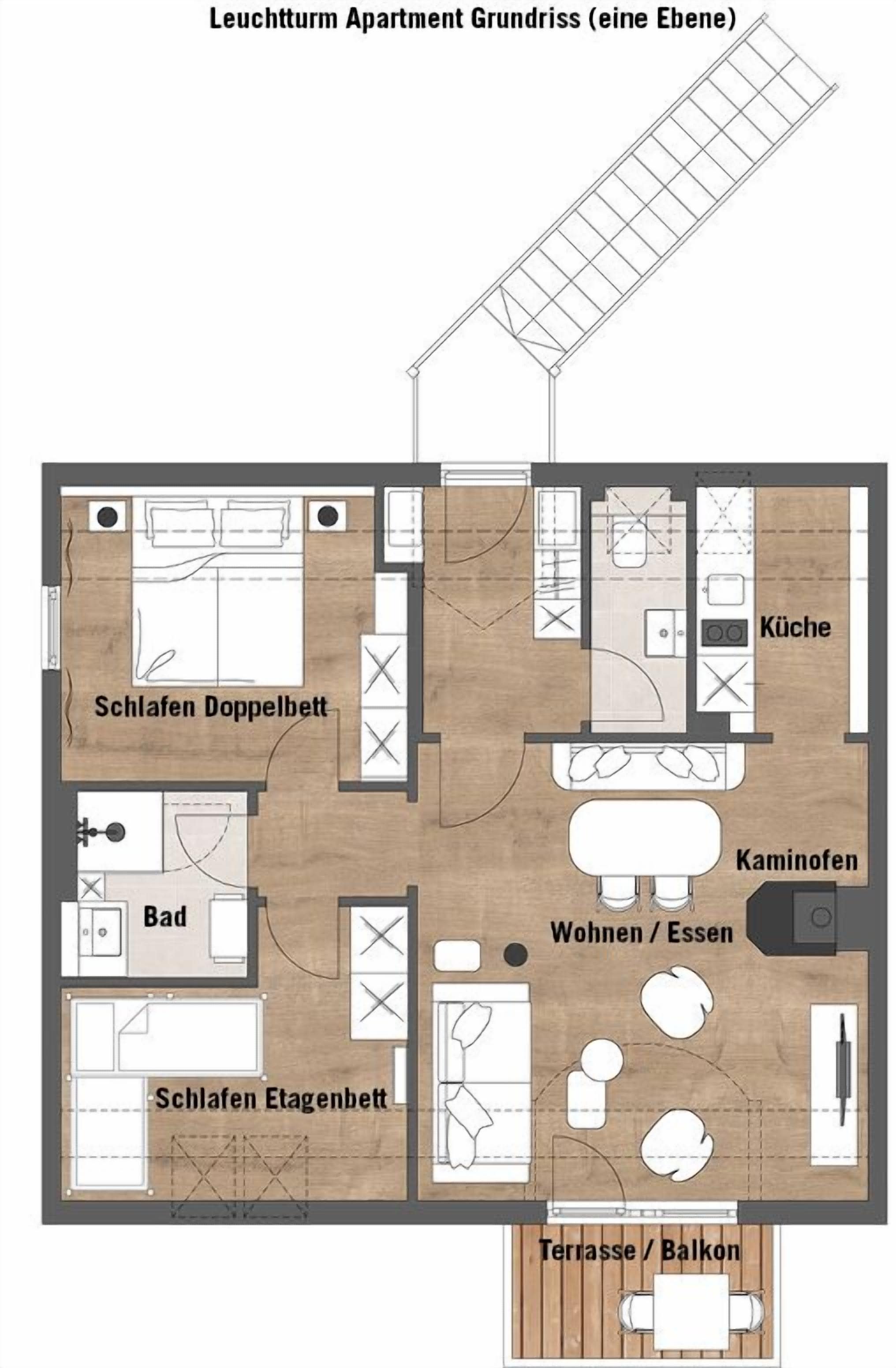 A floor plan of a Leuchturm apartment with a double bedroom, bathroom, kitchen, living area, and balcony.