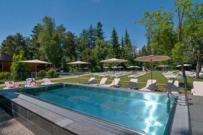Outdoor pool, pool umbrellas, pool loungers
