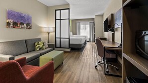A hotel room with a sofa, a desk, a chair, a bed, a TV, and a painting on the wall. - Comfort Suites Charleston West Ashley (Charleston)