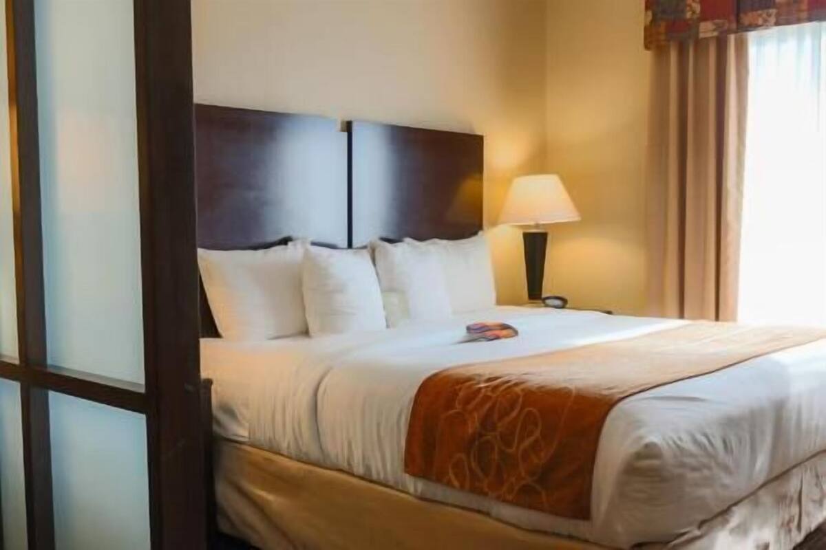 Une chambre d’hôtel avec un lit, une table de chevet, une lampe et une fenêtre avec des rideaux.