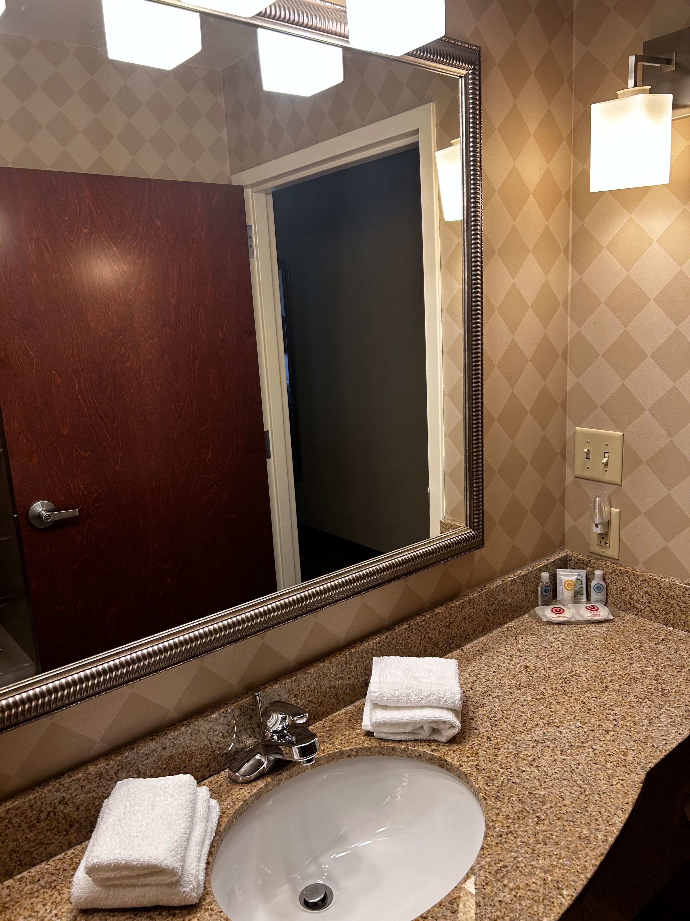 combined shower/bathtub, free toiletries, hair dryer, towels