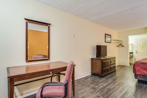 Desk, laptop workspace, free WiFi, bed sheets
