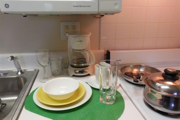 Full-size fridge, microwave, stovetop