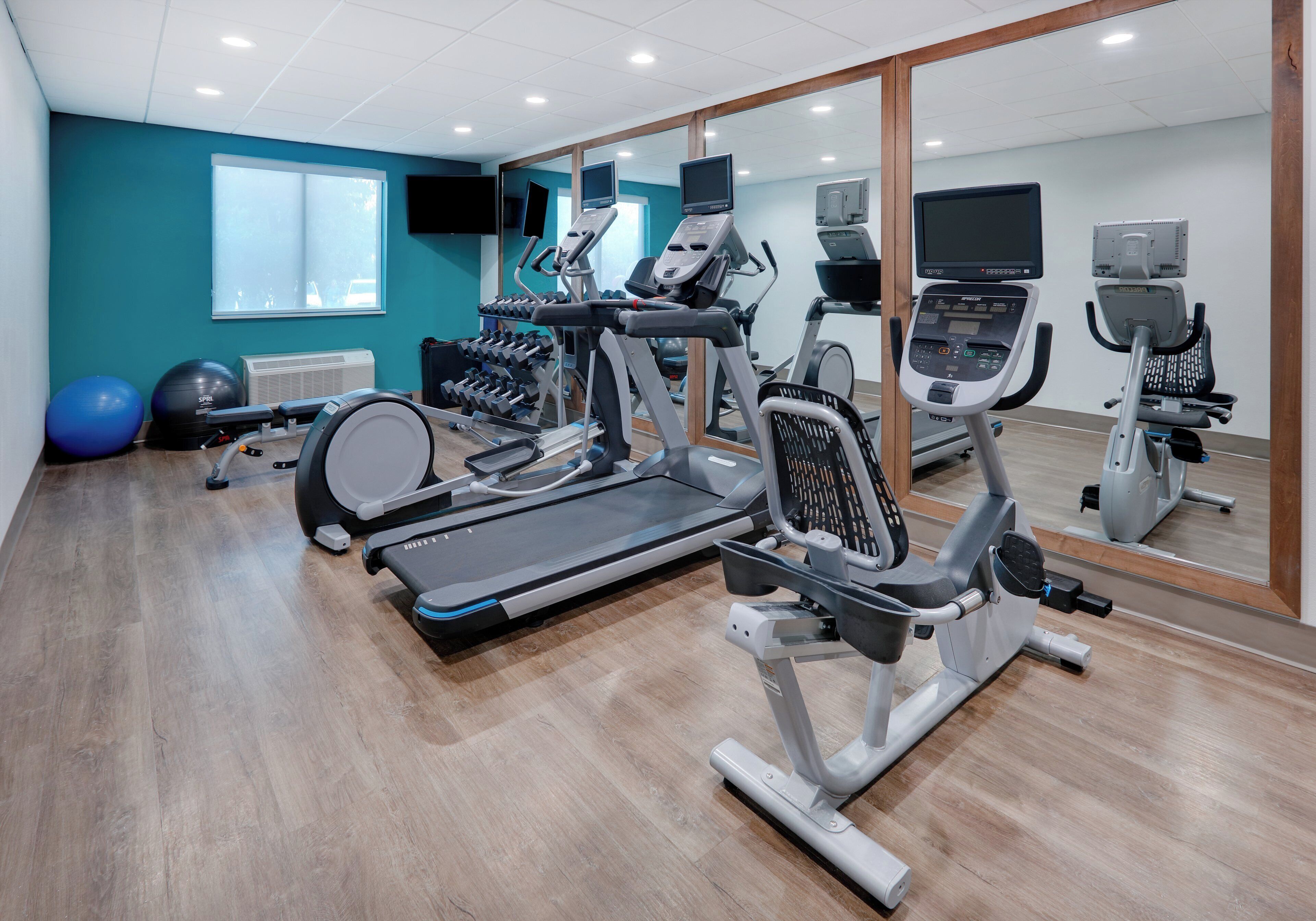 A gym with treadmills, elliptical machines, and free weights.
