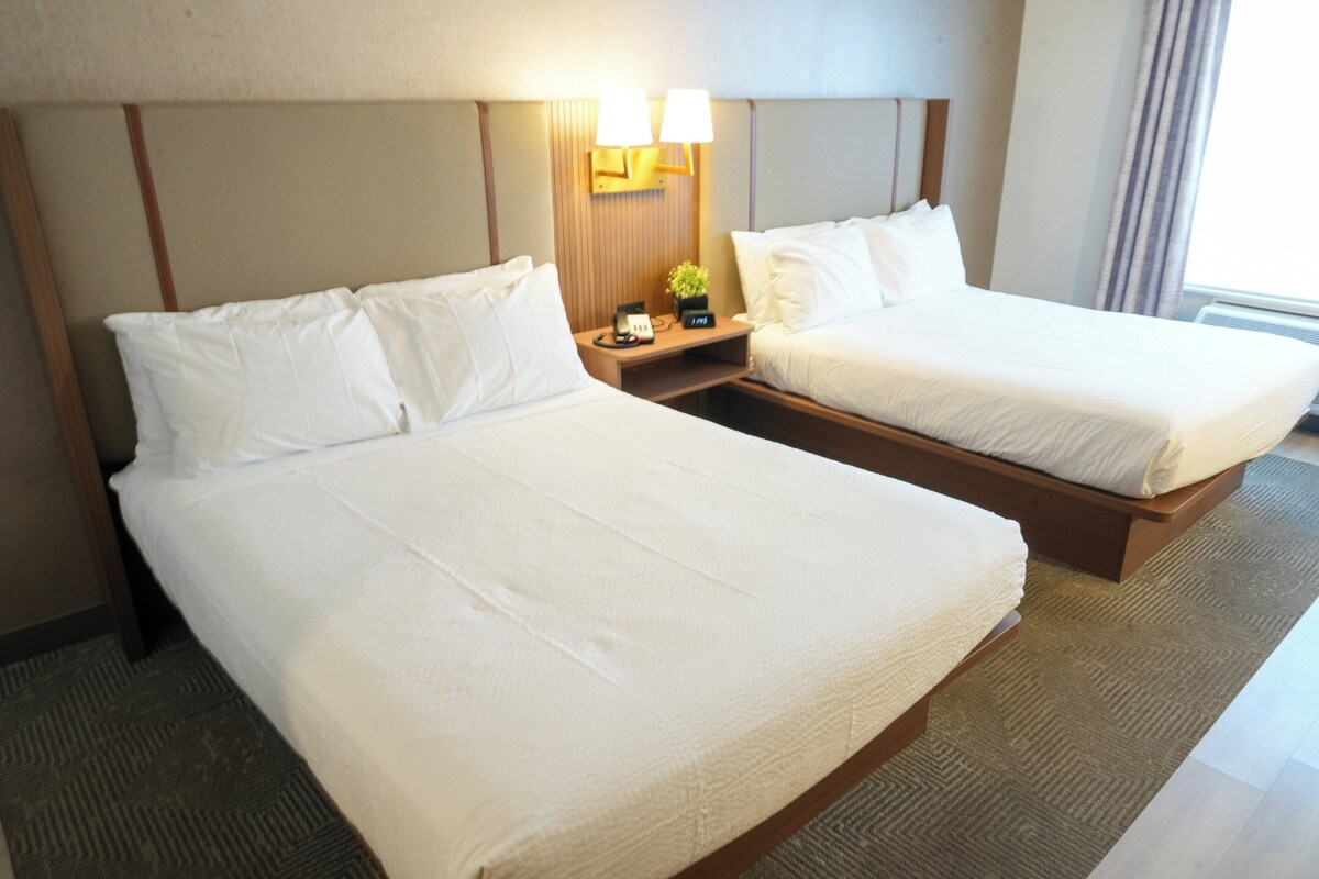 A hotel room with two single beds, a nightstand with a lamp, and a small plant.