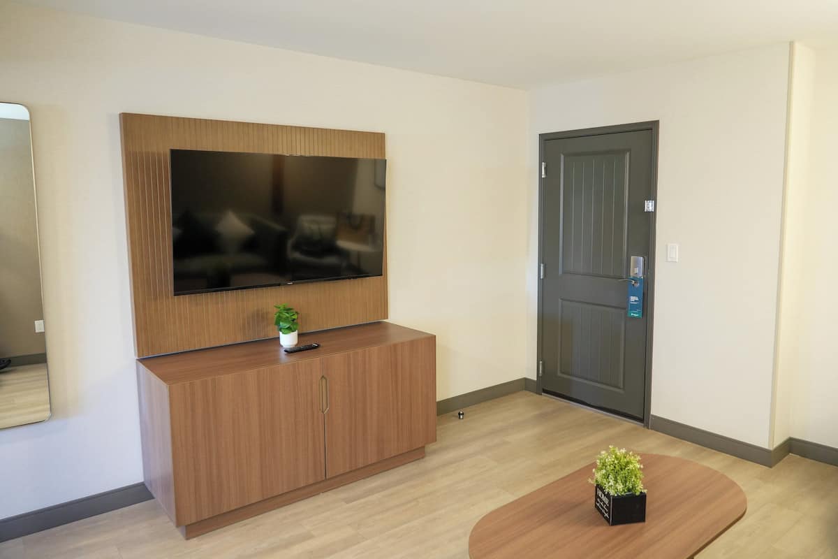 A modern living room with a flat-screen TV mounted on a wooden cabinet, a small potted plant on the cabinet, and a wooden coffee table with a plant.
