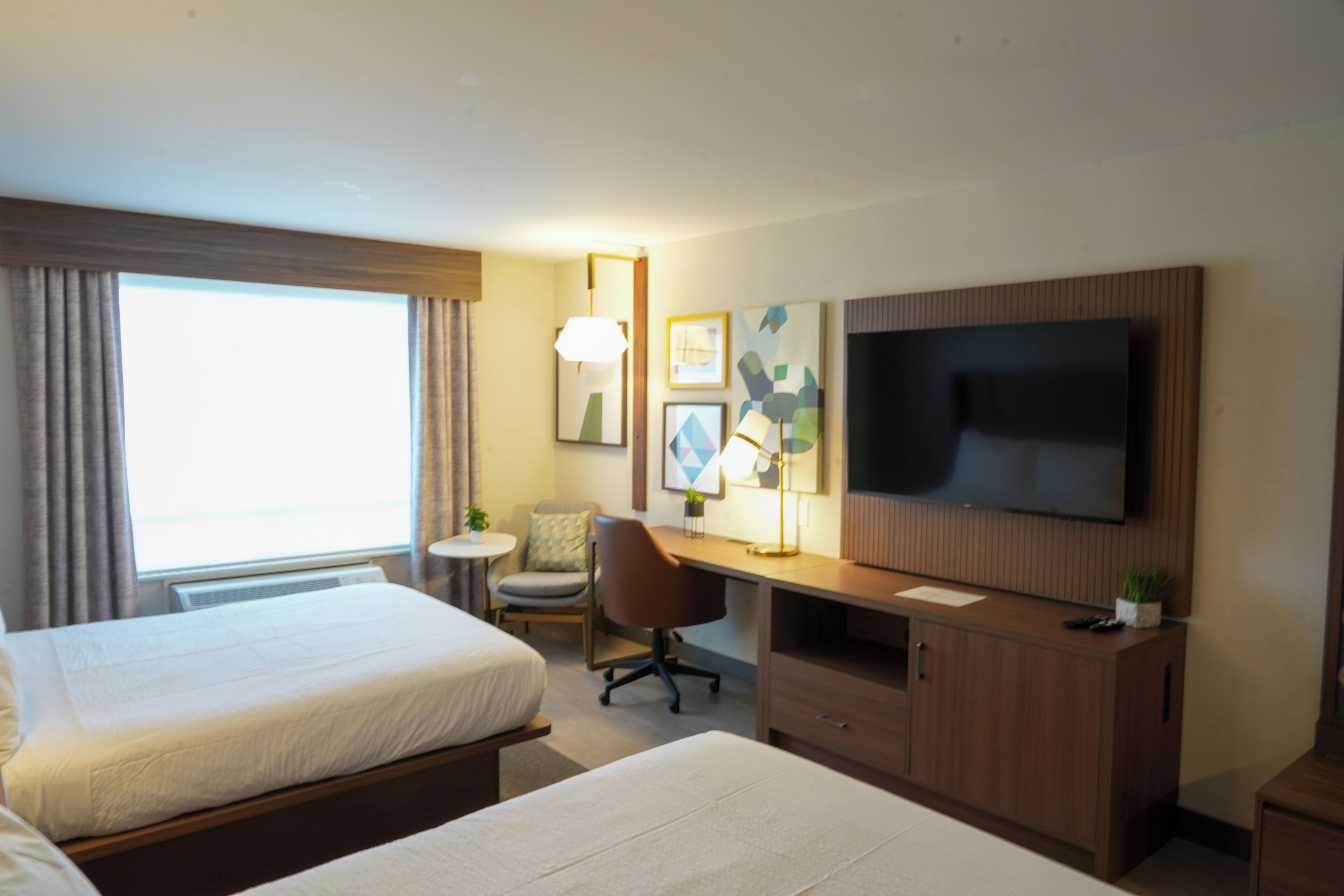 Desk, laptop workspace, blackout curtains, iron/ironing board