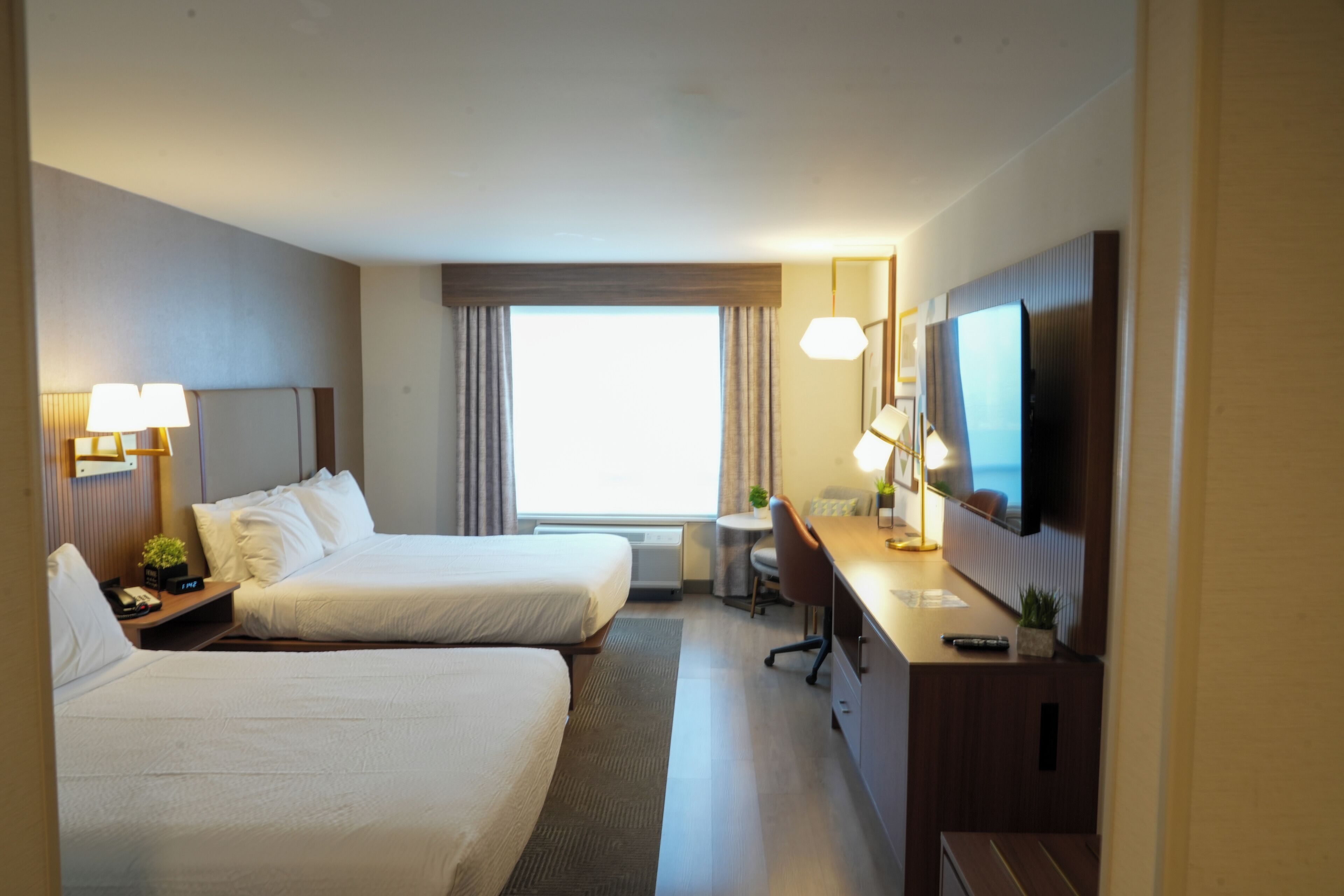 Desk, laptop workspace, blackout curtains, iron/ironing board