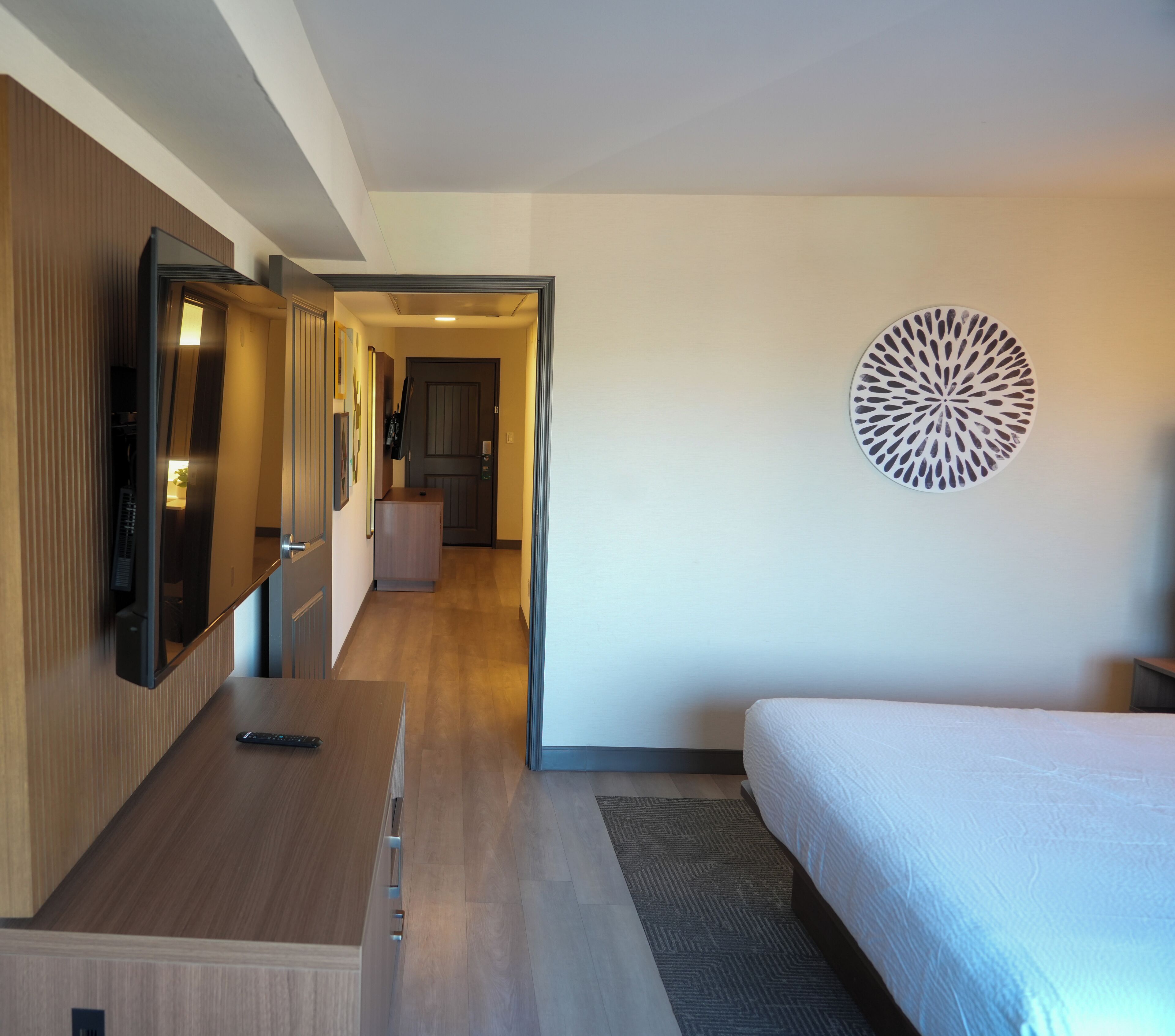 Desk, laptop workspace, blackout curtains, iron/ironing board