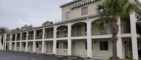 Un motel con varios balcones y una palmera en primer plano.
