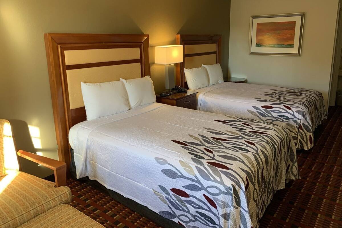 A hotel room with two beds, a nightstand, a lamp, a chair, and a painting on the wall.