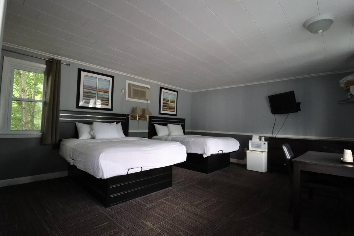Ein Hotelzimmer mit zwei Betten, einem Schreibtisch, einem Fernseher und Bildern an den Wänden.
