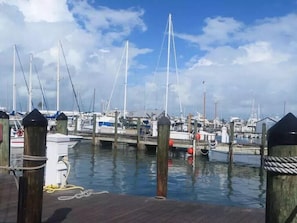 A marina with multiple boats docked, wooden pilings, and a clear sky. - Caribbean House (Key West)