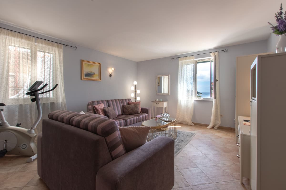 A living room with a sofa, a coffee table, an exercise bike, and a dining area with a table and chairs.
