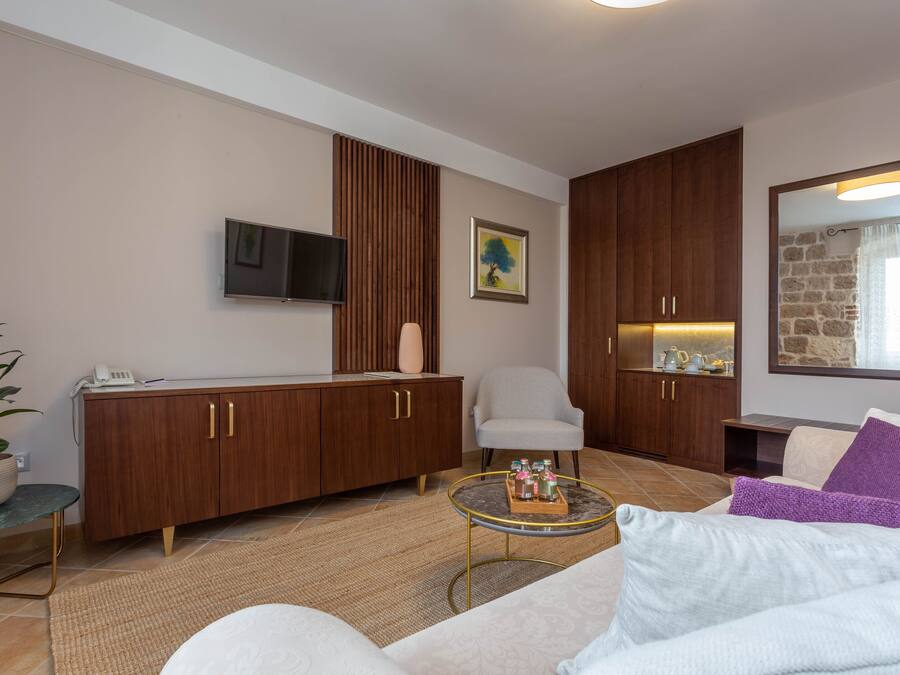 A modern living room with a sofa, armchair, wooden cabinet, TV, and a potted plant.