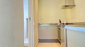 Una cocina compacta con horno integrado, un lavabo y una estufa.