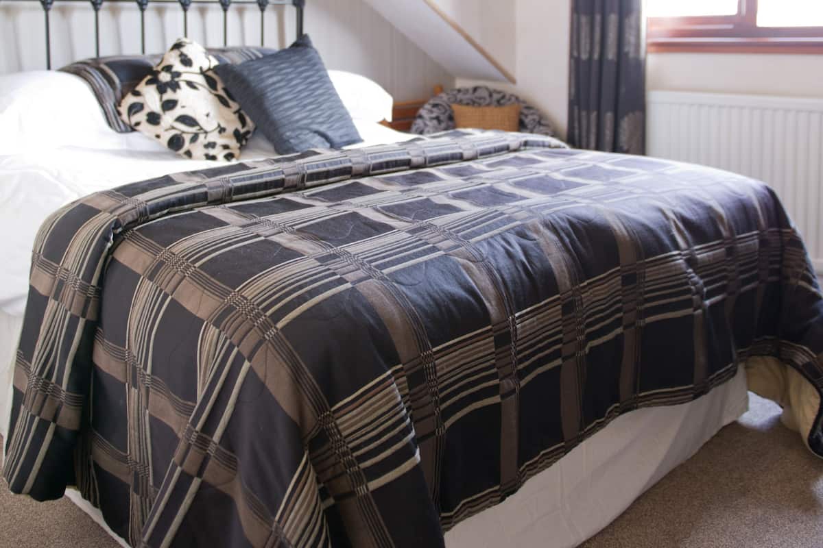 A bedroom with a bed, pillows, a window, and a radiator.