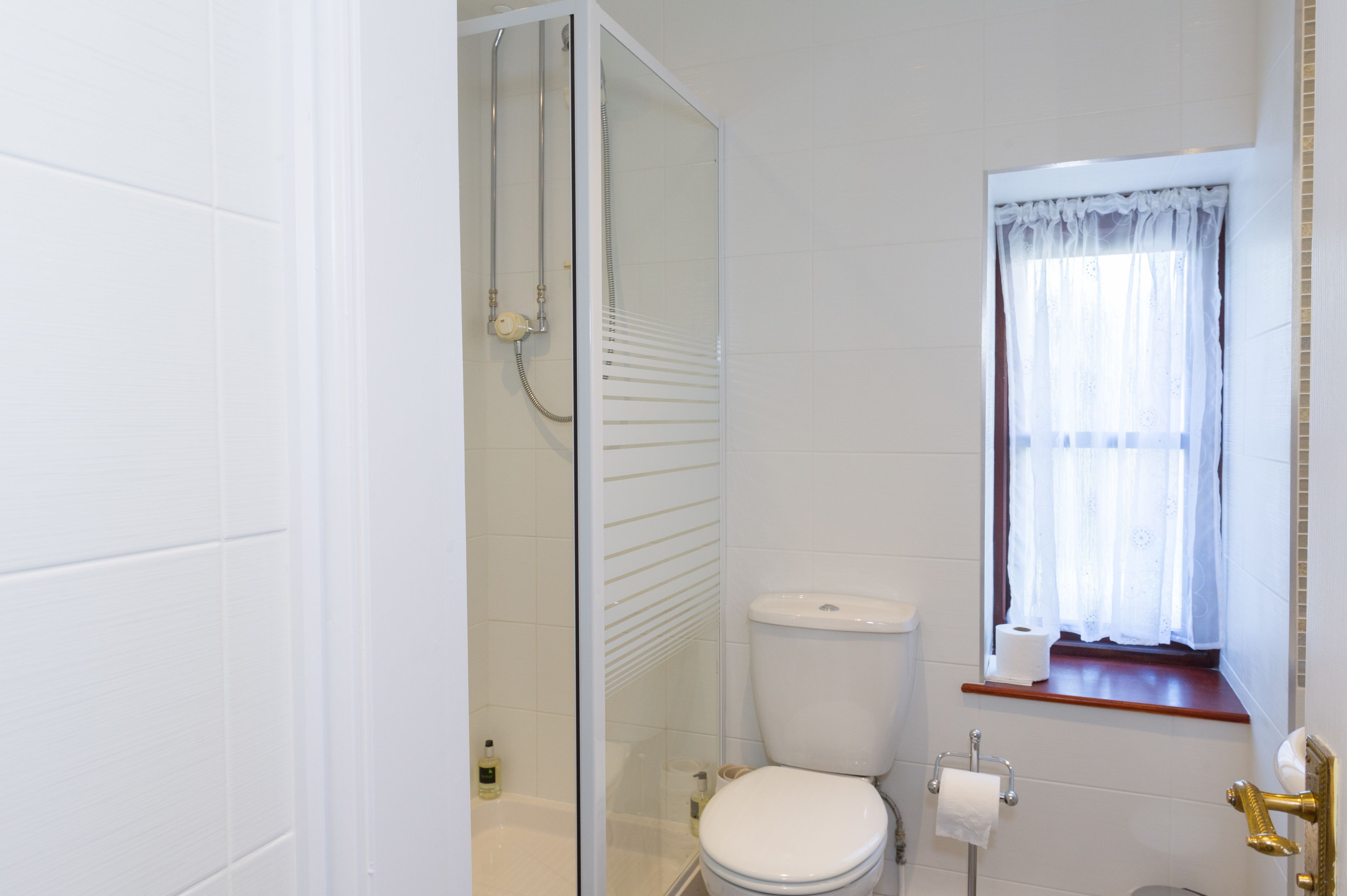 A bathroom with a toilet, a shower, and a window with a curtain.