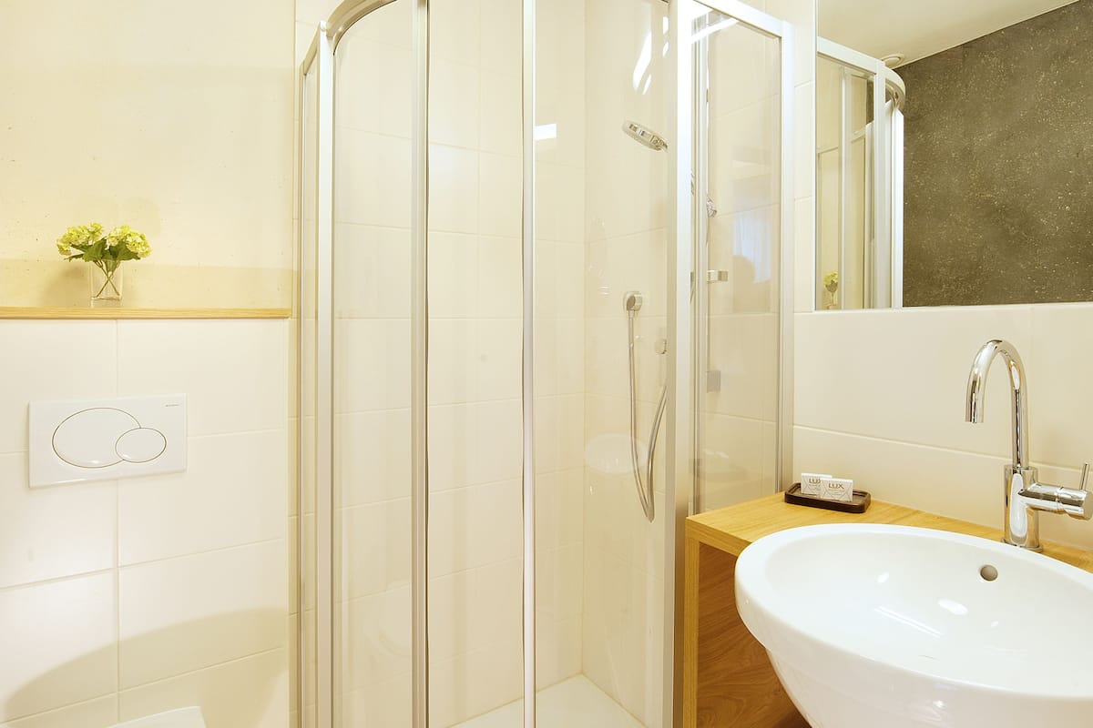 rainfall showerhead, hair dryer, towels