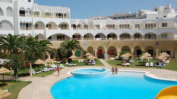 Indoor pool, seasonal outdoor pool, pool umbrellas, pool loungers