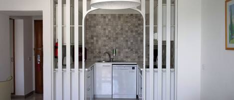 A compact kitchen with a built-in dishwasher, a white pendant light, and a patterned backsplash.